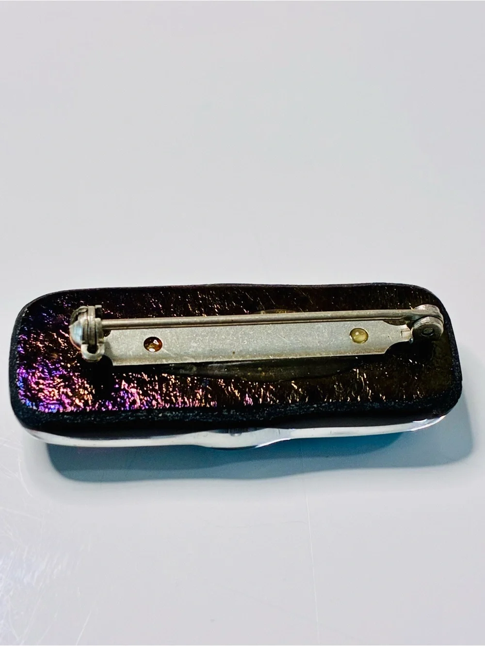 VTG Handmade Dichroic Glass Cabochon - Pink & Teal Rectangle Bar Brooch EUC